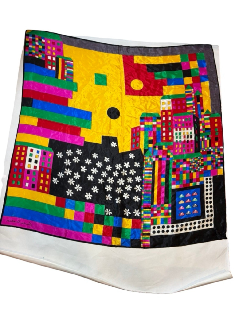 Christian Fischbacher Colorful Abstract Silk Cityscape Square Scarf Mod Pop Art
